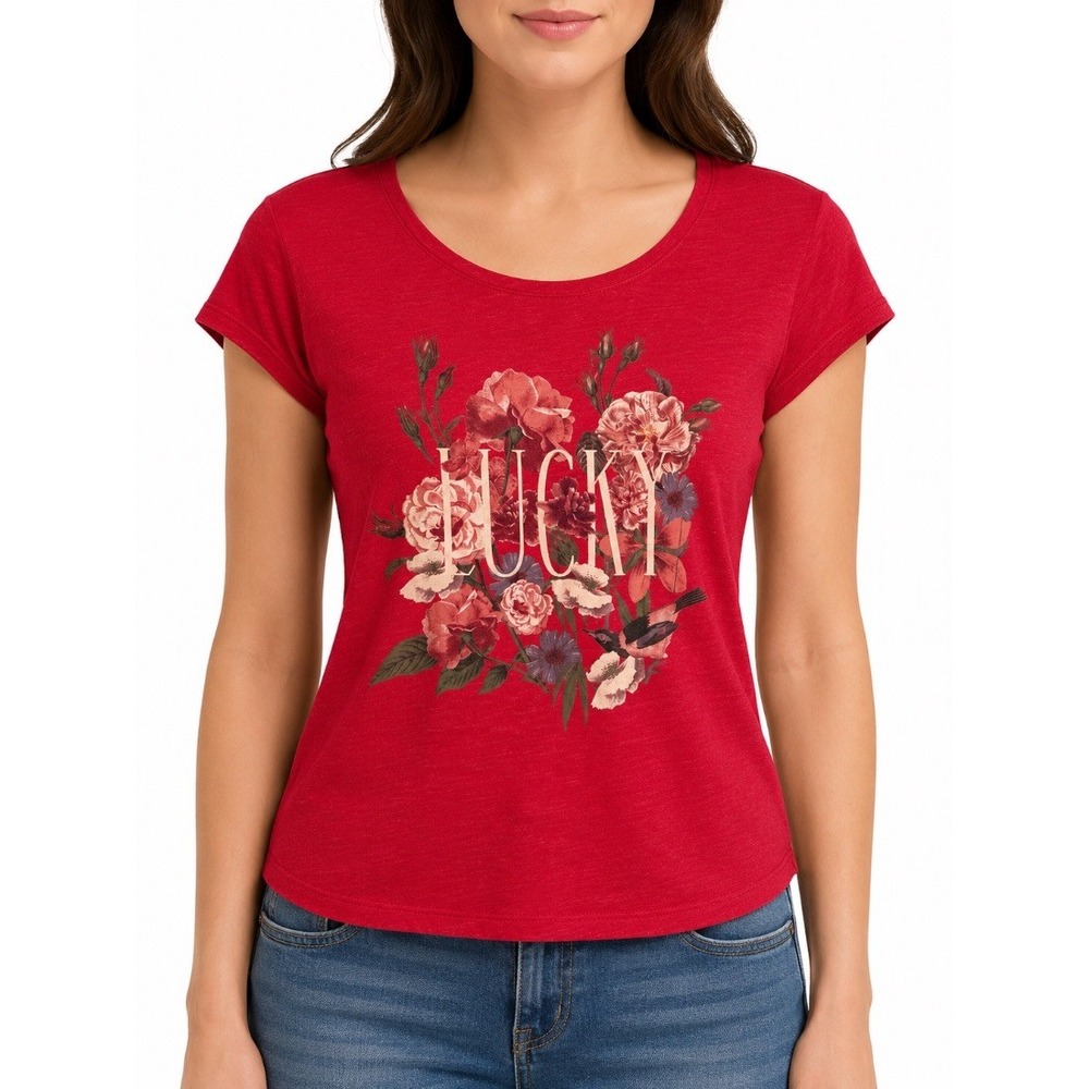 Lucky Brand Womens Red Floral Graphic Tee T-Shirt Scoop Neck Cap Sleeve S